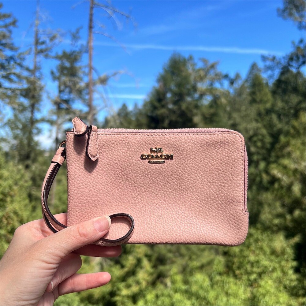 COACH Pink Pebbled Leather Wristlet Wallet Double Zip Gold Hardware AUTHENTIC